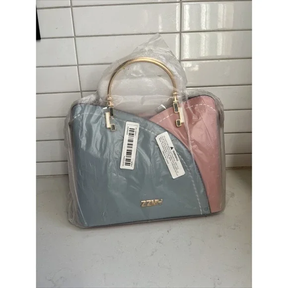 ZZMY Colorblock Handbag Handle Crossbody Bag Gold Hardware purse Blue Pink - Picture 2 of 7
